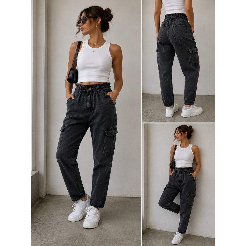 Zara Charcoal Cargo Jeans Paperbag Waist Relaxed Tapered Utility Pants 8